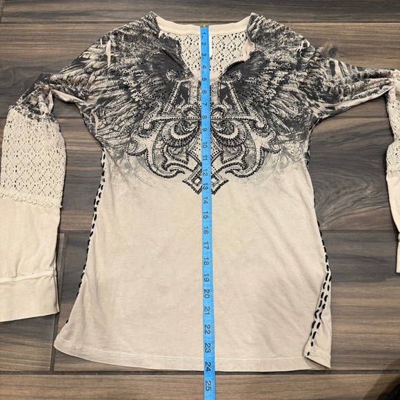 Affliction Shirt with Rhinestones and Knitted Shoulders and Arms - Picture 7 of 13
